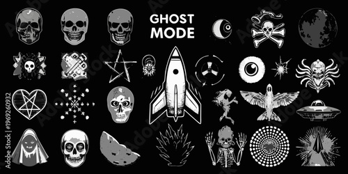 A spooky collection of ghostly imagery skulls and otherworldly objects