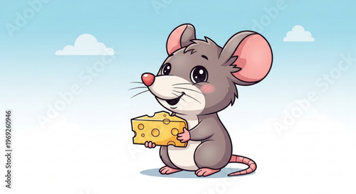 Cartoon mouse holding cheese smiling happily outdoors under blue sky with clouds