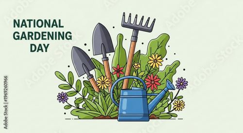 National gardening day illustration with tools flowers and watering can promoting gardening and outdoor activities