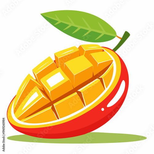 Vibrant and juicy sliced mango with a fresh green leaf, showcasing its golden yellow flesh and tropical appeal, perfect for summer desserts and healthy snacks