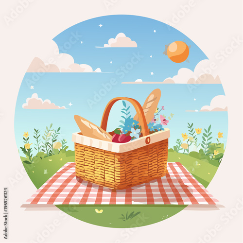 A delightful summer picnic scene with a basket full of food on a checkered blanket under a sunny sky with fluffy clouds and blooming wildflowers