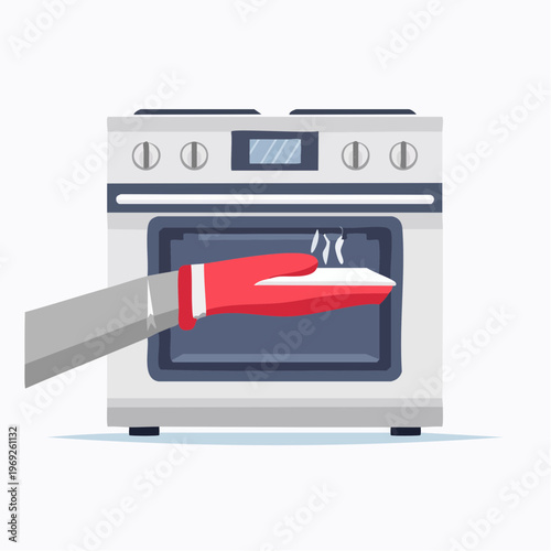 A person's gloved hand carefully removing a hot, steaming baking tray from a kitchen oven, depicting home cooking, baking, and safe food preparation practices