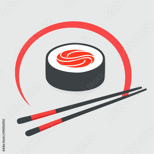 Clean flat vector illustration of a sushi roll with chopsticks and a red arc, symbolizing authentic Japanese cuisine, healthy eating, and gourmet Asian food culture