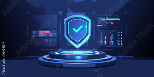 A glowing blue shield with a checkmark represents digital security and protection
