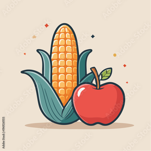Sweet harvest illustration featuring a ripe red apple next to a fresh ear of corn, symbolizing autumn bounty and fresh produce