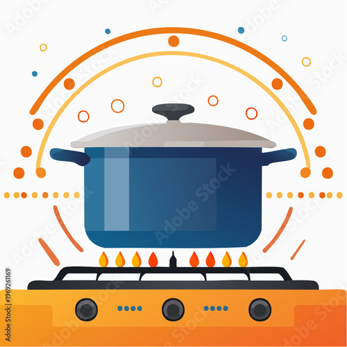 A blue cooking pot sits on a stove with flames underneath, symbolizing cooking and culinary activities in a kitchen environment