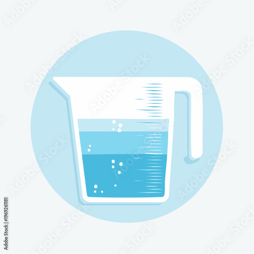 Graphic illustration of a measuring cup filled with blue water and bubbles, signifying precise liquid volume, kitchen measurements, recipe preparation, cooking, baking, or hydration