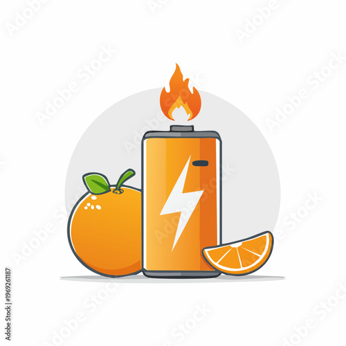 Conceptual vector artwork illustrating the vibrant energy of citrus with a fresh orange beside a powerful, flaming battery, symbolizing a healthy and natural boost for daily vitality and well-being