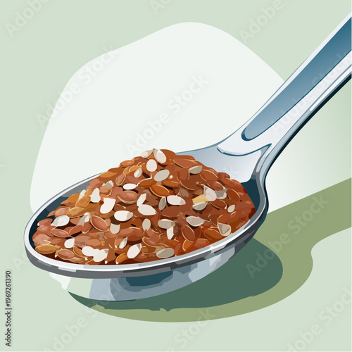 A generous silver spoon gracefully holding a vibrant and wholesome blend of natural flax seeds and other nutritious superfood grains, perfect for a balanced diet and healthy culinary creations