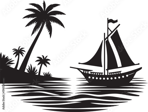 A vintage sailboat drifting near tropical palm trees on calm waters Vector, illustration