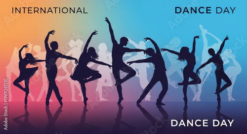 International dance day celebration with silhouettes of dancers in various poses on colorful background