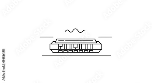 Minimalist line art illustration of a classic harmonica producing musical notes and sound waves