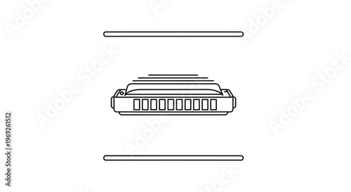 Minimalist Line Art Harmonica Illustration with Abstract Sound Waves on White Background for Music