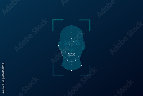 Abstract polygonal face scan with a dark blue background and corner brackets