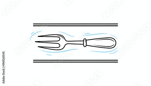 Minimalist hand-drawn fork illustration with subtle blue wavy elements for kitchen and dining