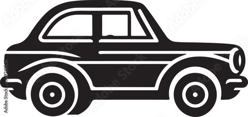 Classic black and white line drawing of a vintage compact car from the side view Vector, illustration