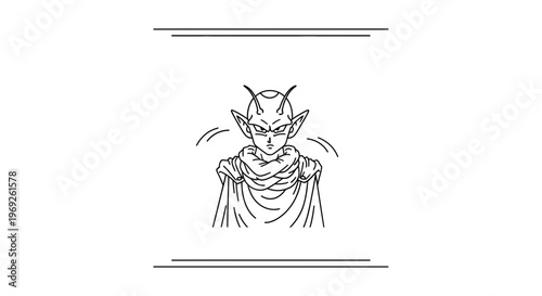 Minimalist line art illustration of a powerful horned fantasy character with a stern gaze and