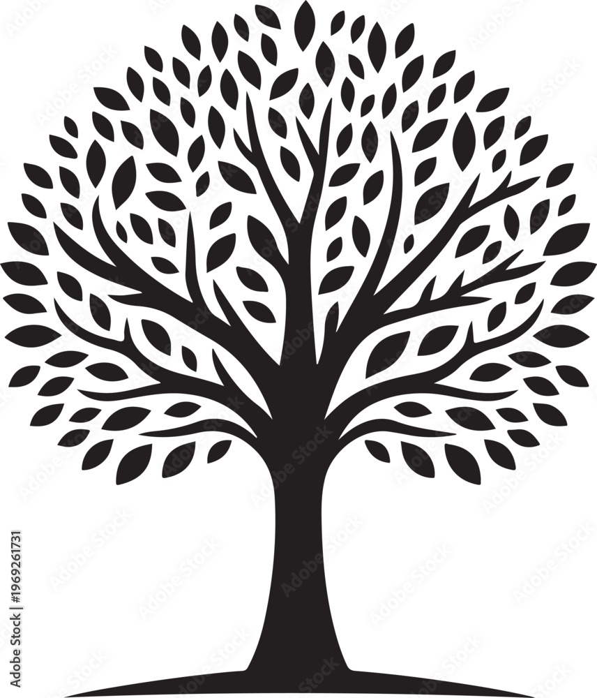 Fototapeta premium A majestic black and white tree illustration with intricate leaf details and a sturdy trunk Vector, illustration