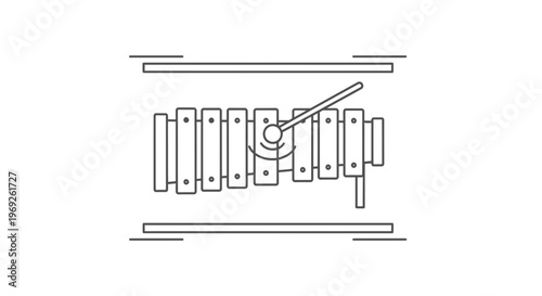 Minimalist line art illustration of a glockenspiel with mallet striking a bar creating music and