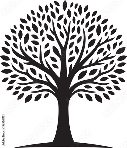 A majestic black and white tree illustration with intricate leaf details and a sturdy trunk Vector, illustration