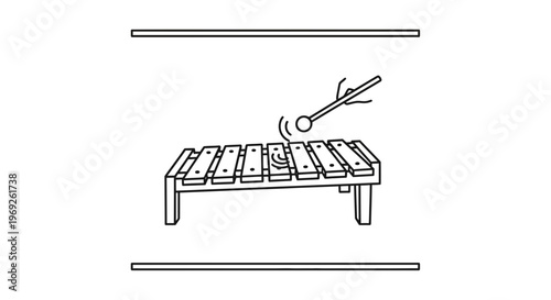 Crisp Monochrome Illustration Depicting a Hand Playing a Xylophone with Mallet Generating Sound