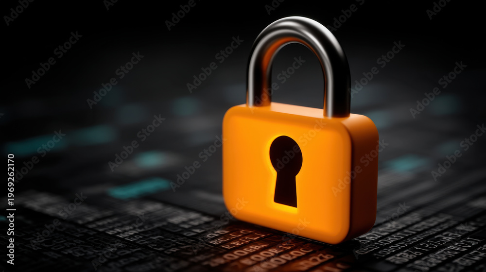 Fototapeta premium Orange padlock on dark digital monitor, cyber security concept with glowing lock and data background