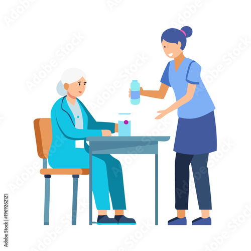 Nurse Giving Water to Elderly Woman at Table, Caregiver Assisting Senior Patient