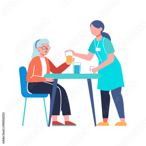 Nurse Giving Water to Elderly Woman at Table, Caregiver Assisting Senior Patient