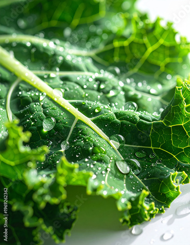 Macro of fresh kale leaf with water drops