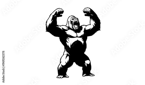 Roaring gorilla standing silhouette vector illustration isolated on white background aggressive wildlife concept