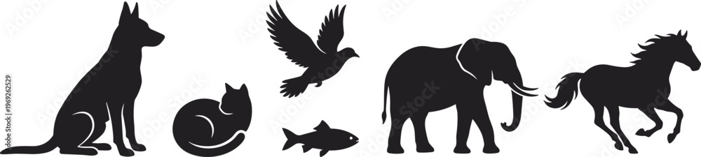 Fototapeta premium Black animal silhouettes collection, dog, cat, bird, fish, elephant, horse, domestic pets and wild animals vector illustration set
