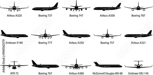 Black commercial airplane silhouette collection front view aviation passenger jet models Airbus Boeing Embraer vector graphic design illustration set
