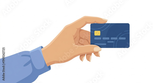 ​Hand Holding Blue Credit Card in Flat 2.0 Style Isolated on White Background