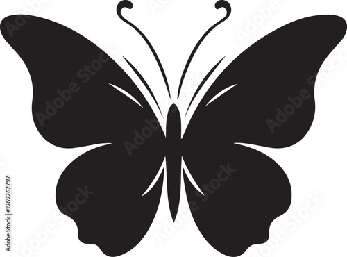Graceful black silhouette of a butterfly with elegant wing patterns and antennae Vector, illustration