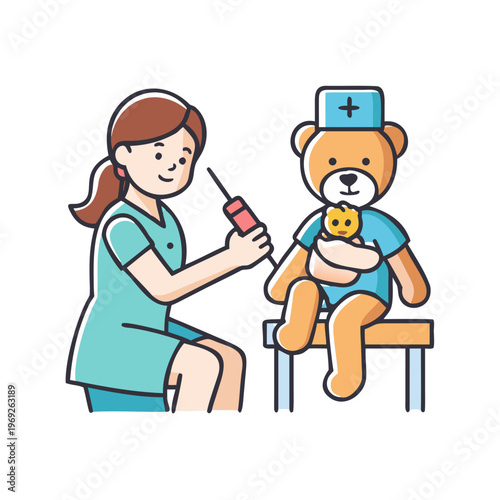 Nurse giving vaccination to a child, child holding teddy bear, medical concept