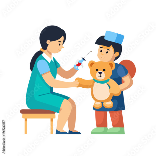 Nurse giving vaccination to a child, child holding teddy bear, medical concept