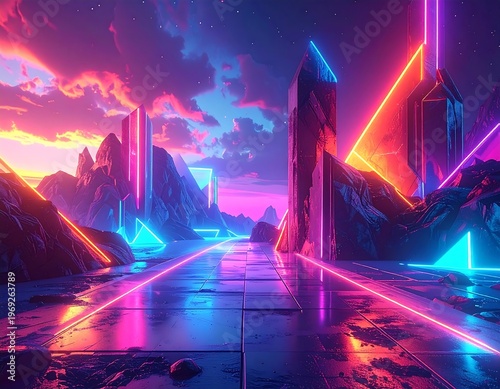 Neon lights illuminate futuristic cityscape with towering structures and vibrant colors at dusk