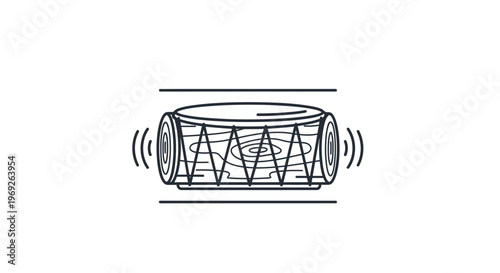 Minimalist outline illustration of a resonating traditional hand drum creating rhythmic sound waves