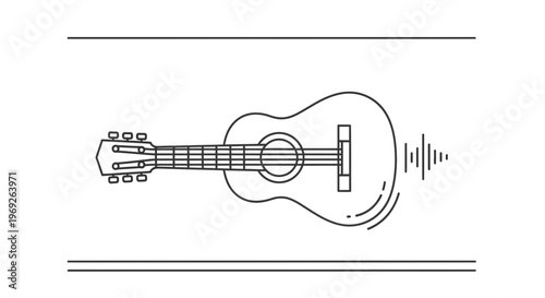 Clean linear illustration of an acoustic guitar emitting musical sound waves minimalist art