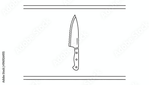 Minimalist outline illustration of a sharp, versatile chef's knife essential for culinary