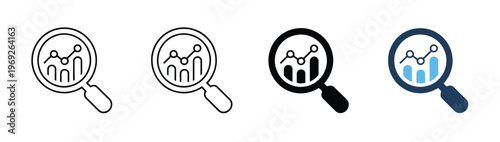 Analytics, magnifying glass and line chart icon symbolizing data analysis, business intelligence, performance tracking, dashboard reporting, insights, monitoring, and research in modern vector style.