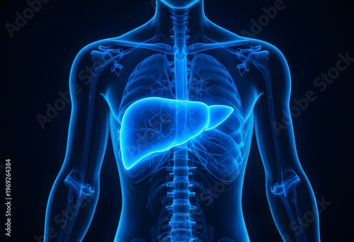 Anatomical illustration of the human liver and surrounding organs in a blue, x-ray-like style, emphasizing internal body structure