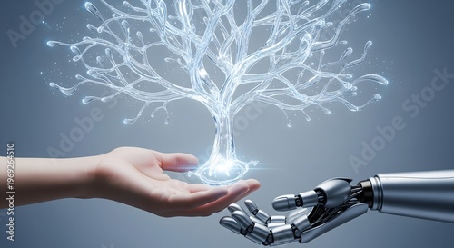 A human hand and a robotic hand gently supporting a glowing tree made of glass or water, illustrating a futuristic concept of environmental technology and cooperation.
