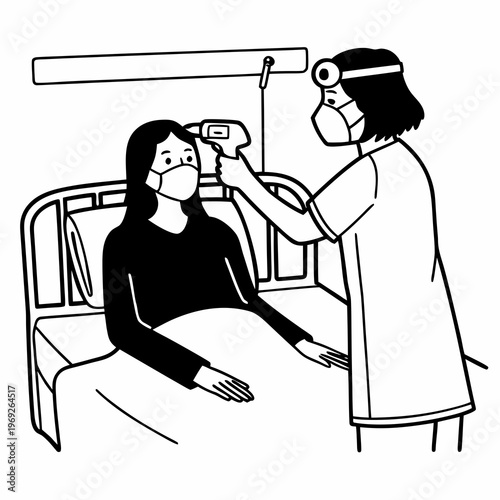 Nurse checks patient's temperature with infrared thermometer, healthcare concept
