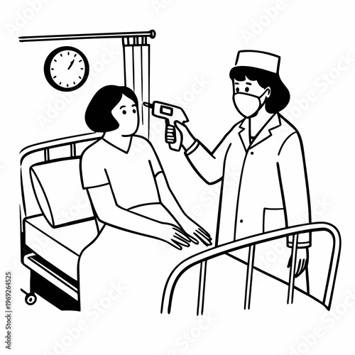 Nurse checks patient's temperature with infrared thermometer, healthcare concept
