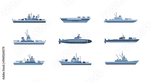 Set of military warships and submarines flat vector icons isolated on white background
