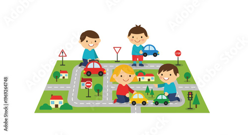 Four young children are happily playing together with toy cars on a detailed town-themed play mat, featuring roads and various traffic signs.