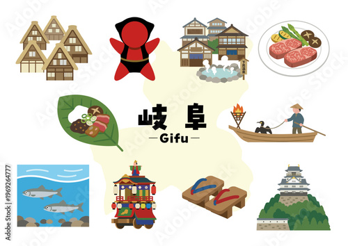 岐阜県の観光・伝統・特産アイコンセット（白川郷・飛騨牛・下呂温泉・鵜飼・高山祭）