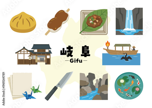 岐阜県の特産・伝統・自然アイコンセット（栗きんとん・五平餅・美濃和紙・関の刃物・養老の滝）