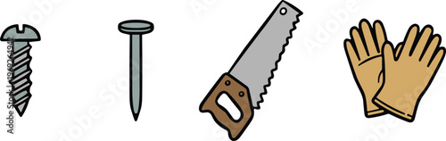 Construction tools set with screw, nail and hand saw, work safety gloves flat vector illustration isolated on light background